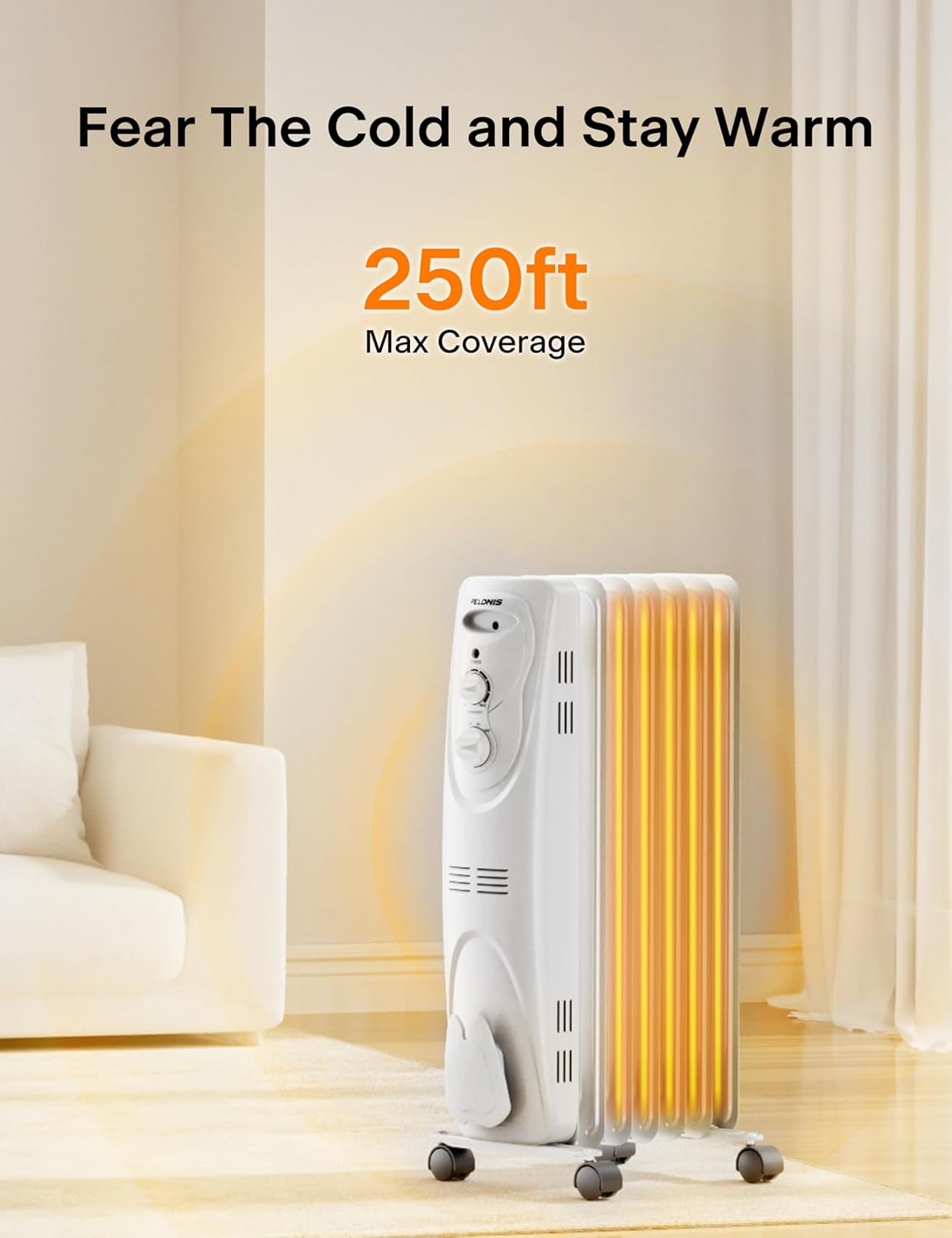 Oil Filled Radiator Heater for Indoor Use Large Room Safe with Thermostat, 1500W Energy Efficient Quiet Space Heater, 3 Heat Settings, Overheat & Tip-Over, White