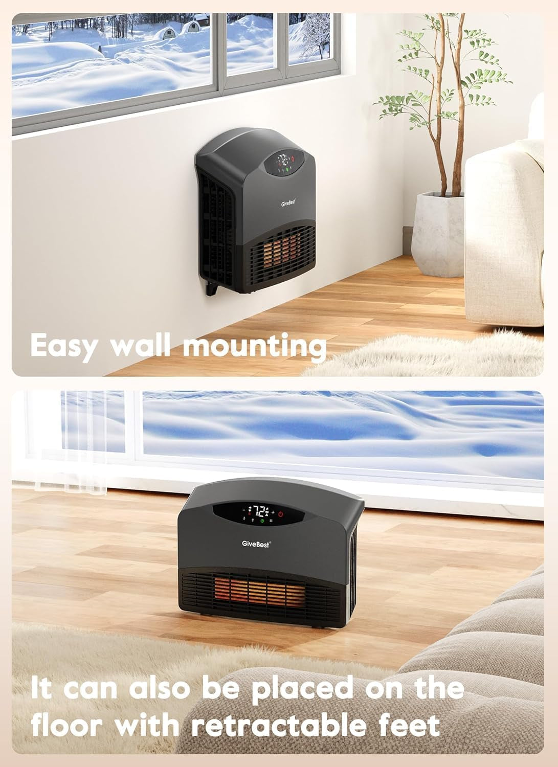 Electric Wall Heater with Wifi and Remote Control - 1500W Space Heater for Indoor Use, Wall Mounted or Floor Standing, Work with Alexa, Quiet Adjustable Thermostat for Bedroom Office Garage