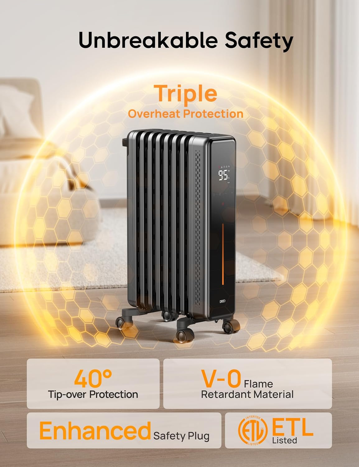 Radiator Heater, 8 Safety Protection Oil Filled Radiator Heater for Indoor Use, 1500W Electric Heaters for Large Room, 8 Fins, with Remote, 4 Modes, Digital Thermostat, 24H Timer, Quiet