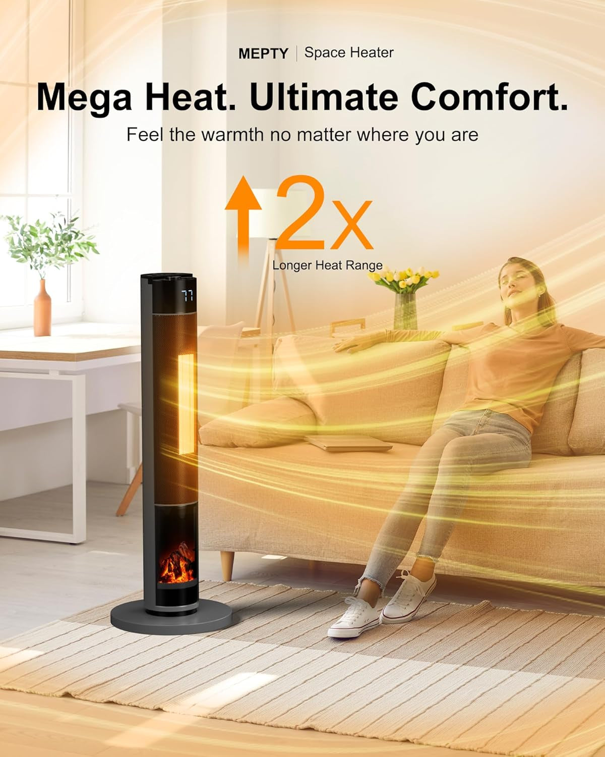 Space Heater, 1500W Portable Electric Room Heater with Remote, Adjustable Thermostat, Timer, Tip-Over Protection, 80° Oscillating 34 Inch Tower Heater for Office, Bedroom, 6Ft Power Cord