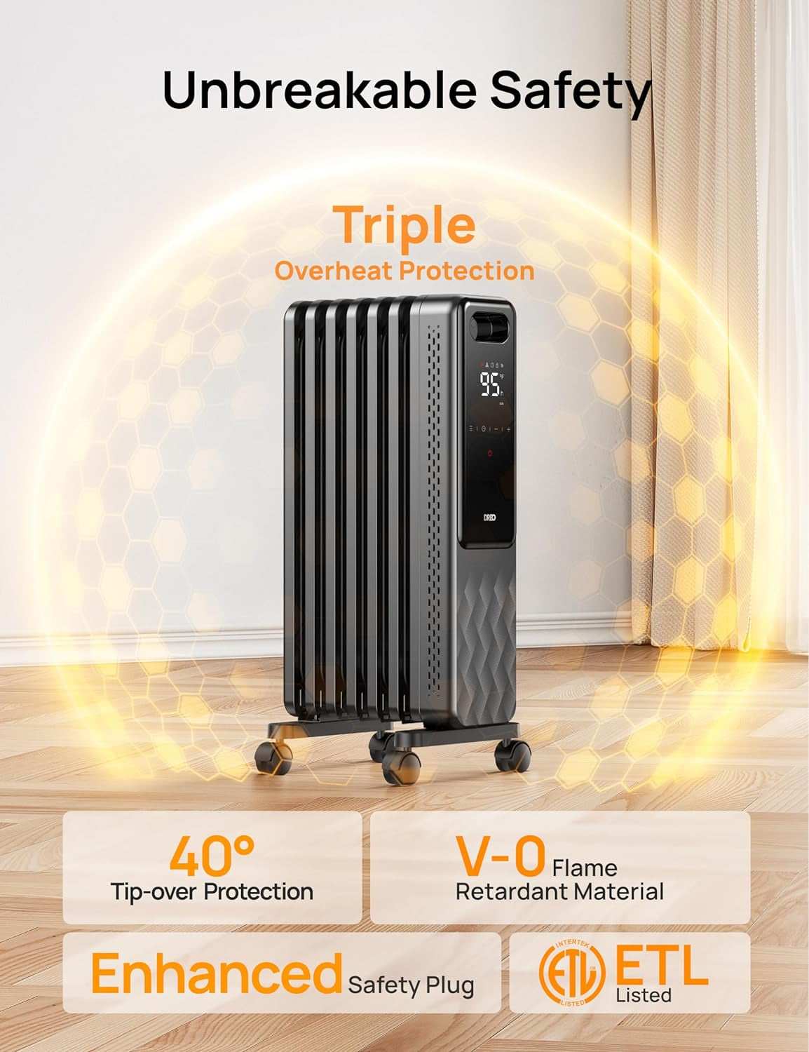 Oil Filled Radiator, Electric Radiant Heaters for Indoor Use Large Room with Remote Control, Child Lock, 4 Modes, Overheat & Tip-Over Protection, 24H Timer, Digital Thermostat, Quiet, 1500W