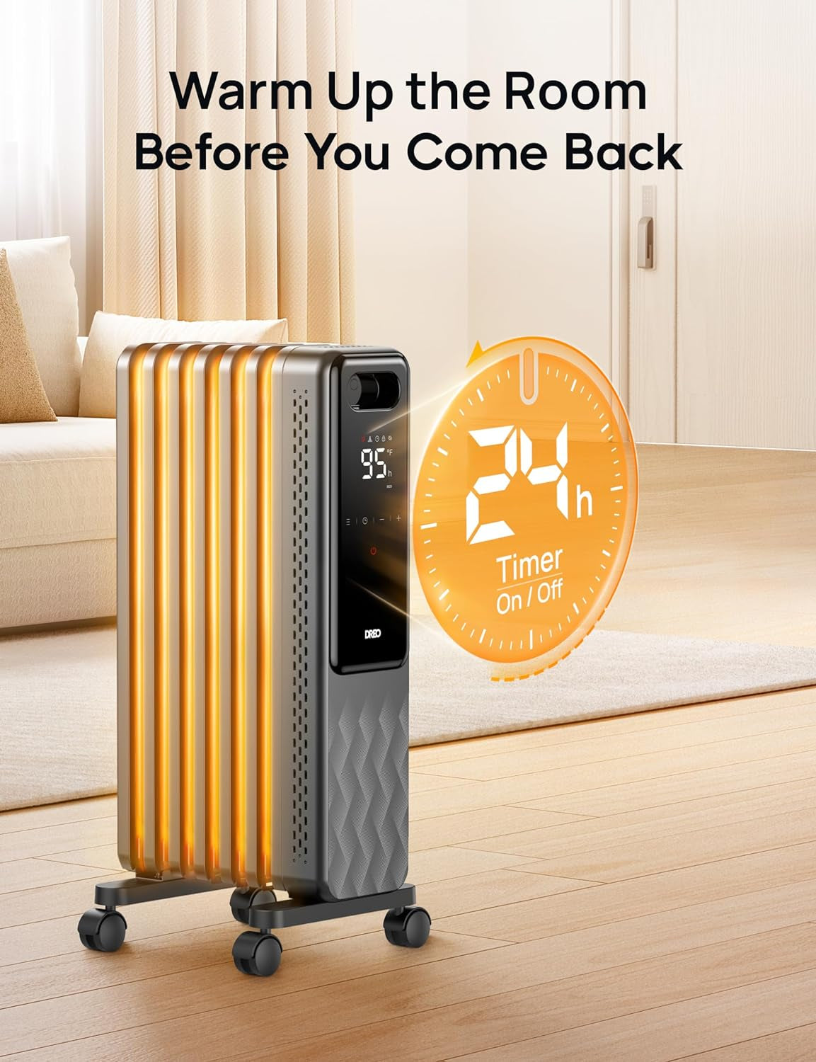 Oil Filled Radiator, Electric Radiant Heaters for Indoor Use Large Room with Remote Control, Child Lock, 4 Modes, Overheat & Tip-Over Protection, 24H Timer, Digital Thermostat, Quiet, 1500W